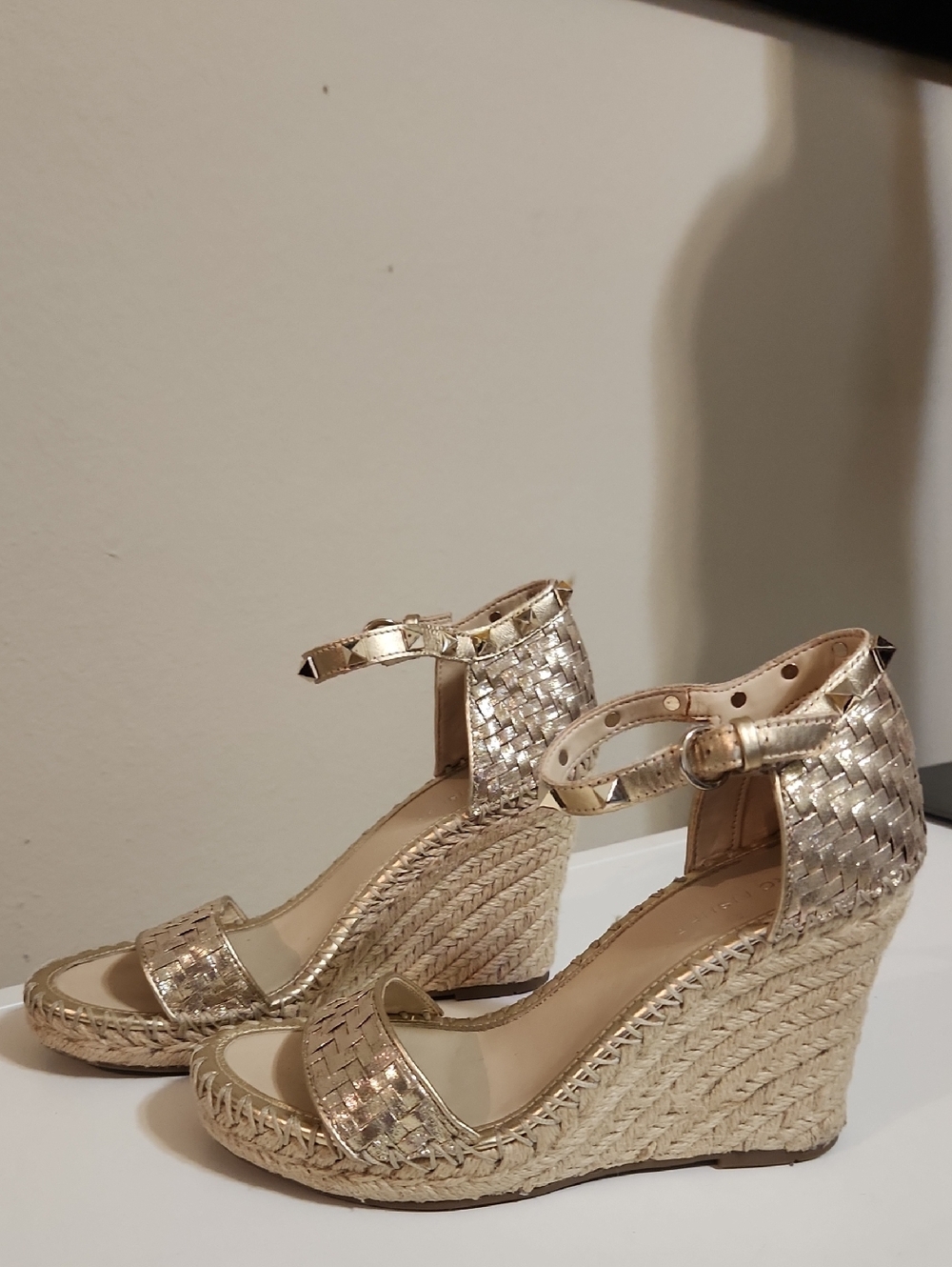 Marc Fisher Metallic Gold Woven Espadrille Wedges